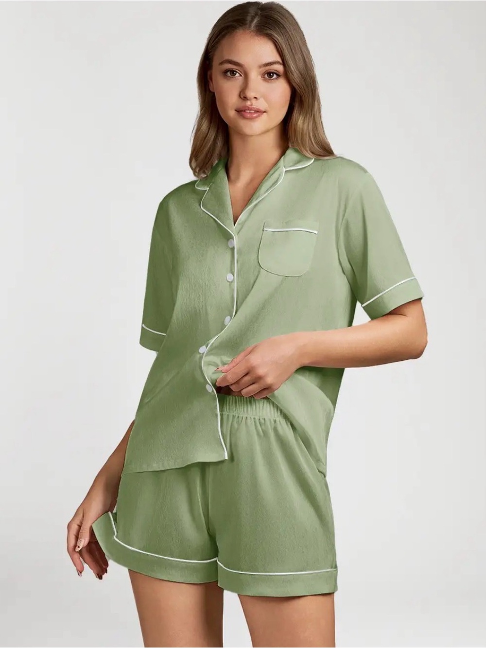 Azazie Dusty Sage Piping Pajama Satin Set Md